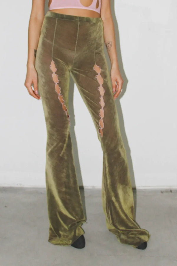 RUI Velvet Cutout Flared Pants RAW23WV03 Khaki Green